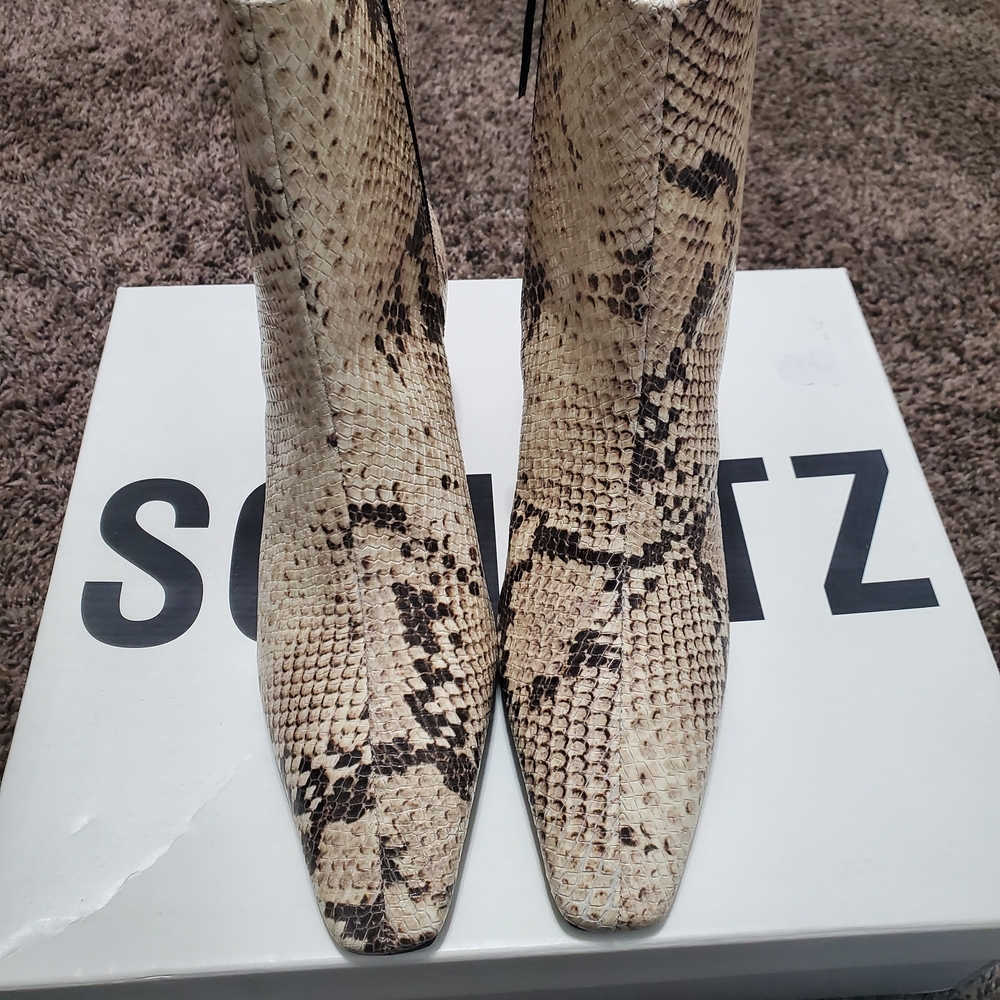 SCHUTZ Beige and Black Snake Print Heeled Boots